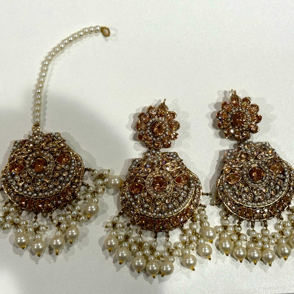 Champagne gold plated earrings and teeka set